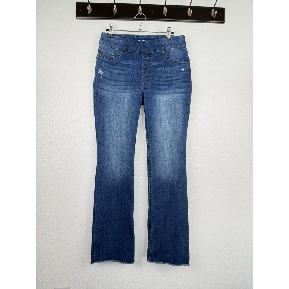 Chicos Pull On Slim Boot Jeans Denim High Rise 6R Slit Raw Hem Distressed